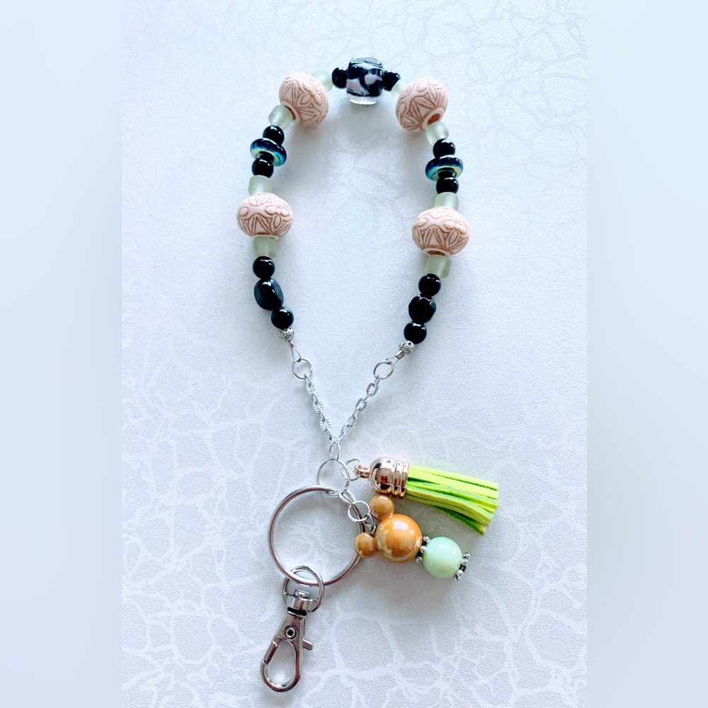Beaded Keychain Wristlet with green Tassel and Mickey charm